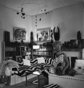 Peggy Guggenheim (1898-1979, American art collector and patron) in her Palazzo, Venier dei Leoni in Venice, 1961 - B011305