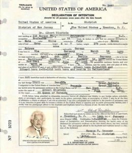 Einstein's immigration declaration.