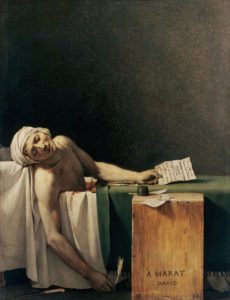 Oil on canvas painting depicting the dead Marat. Assassinated while in the bathtub and while writing a note. Painting done in 1793 by Jaques Louis David