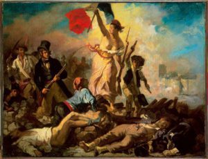 Liberty in the figure of a woman holding up the french flag while leading the people on the barricades. Sketch in the hemritage museum while the final painting is in the Louvre Museum. Also available throughScala. Work by Eugene Delacroix