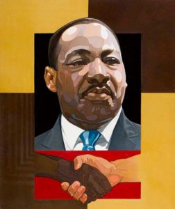 Oil painting of the bust of Martin Luther King and below it a handshake between a black and a white hand, Painting by Jean Mascii