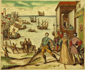 King Ferdinand and Queen Isabelle of Spain Bidding Farewell to Christopher Columbus at His Departure for the Indies in 1492. From 'Americae', part IV, 1596.. Color engraving. 