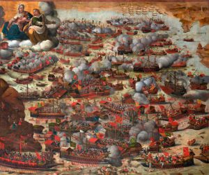 Battle of Lepanto with the Madonna and Saint oil on canvas by Giulio De Rossi 1635Giustina 
