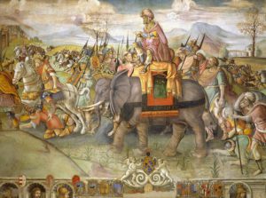 Hannibal crossing the Alps, 218 BC, by Jacopo Ripanda (active ca 1500-1516), ca 1510, fresco from the Conservatories Palace, Rome. Detail. Second Punic War, Italy, 3rd century BC.