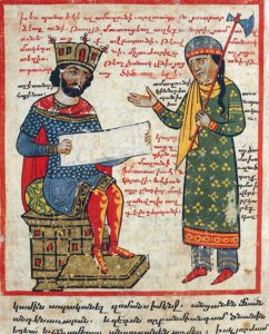 Alexander the Great receives Darius's message, miniature from the The History of Alexander the Great by Pseudo-Callisthenes, Parchment Codex by the sc​ribe Nerses, Greek manuscript 424, 13th-14th Century.