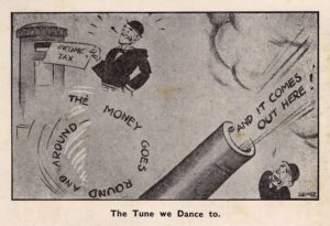 The Money Goes Round and Around... And it comes out here! Pay your income tax and it ends up being fired from a gun. Pacifist postcard published by the Society of Friends (Quakers)