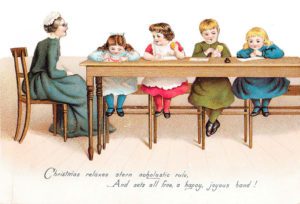 Four schoolgirls and their teacher on a Christmas card.