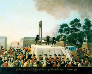 Esecuzione tramite ghigliottina di Luigi XVI che avvenne il 21 gennaio 1793 Parigi Francia. Dipinto di anonimo contemporaneo all'evento.