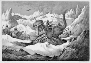 Hannibal and his war elephants crossing the Alps, 218 BC (19th century). During the Second Punic War, the Carthaginian general Hannibal led his army, including elephants, across the Alps into northern Italy to confront the Roman army.