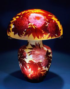 A fine and important 'Peony' overlaid and etched glass table lamp