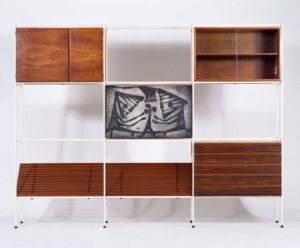 Storage System. Steel frame with mahogany doors and shelves and a Geoffrey Clark print.