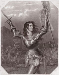 Etching of Joan of Arc in armor leading an army. From 'Gallery of the women of Shakespeare, Collection of forty five portraits engraved by the first artists of London, enriched by critical and literary notes', circa 1838