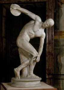 Greek art, Discobolus (Discus Thrower) Lancellotti. Roman copy after a bronze oroginal by Myron (460-450 BCE) Museo Nazionale Romano (Palazzo Massimo alle Terme) – Rome Italy