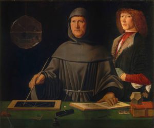 Jacopo de' Barbari, Portrait of the Mathematician Lucas Pacioli and Unknown Young Man (maybe Guidobaldo da Montefeltro), 1495. Museo di Capodimonte – Naples Italy