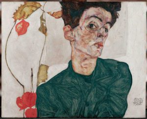 Egon Schiele, Self-Portrait With Chinese Lantern and Fruits, 1912. Oil and body colour on wood Leopold Museum, Vienna