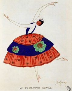 La ballerina Paulette Duval (1900-1933) con un costume di scena disegnato dallo stilista Georges Doeuillet. Bibliotheque des Arts Decoratifs, Parigi, Francia