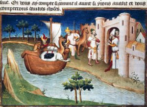 Marco Polo arrives at the port of Ormuz, miniature taken from the Livres des merveilles du monde. Bibliotheque Nationale - Paris