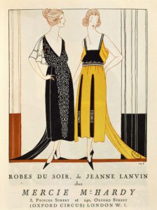Figurini femminili con abiti da sera di Jeanne-Marie Lanvin eseguiti da Mercie Mac Hardy, Londra 1920. Bibliotheque des Arts Decoratifs, Parigi, Francia