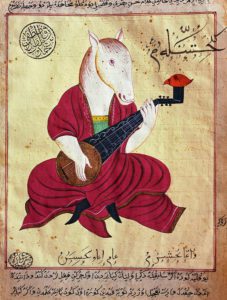 Adventures of the horse musician, miniature from Fables of Bidpai, Ottoman manuscript. Turkey, 19th century. University Library – Istanbul Turkey