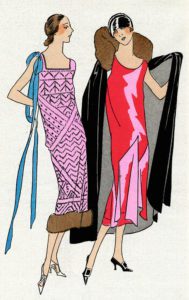 Due giovani donne alla moda con gli abiti più recenti. A sinistra, un abito da visitatore in mussola malva con nastro azzurro e bordo di pelliccia all'orlo, di Jeanne Lanvin. Mary Evans Picture Library, Londra, Gran Bretagna