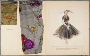 A printed paper shantung reception dress by Victor Stiebel complete with swatches. An organza petticoat is worn underneath a crystal pleated skirt. Original fashion illustration by Victor Stiebel/Adrian Woodhouse Collection. 1950s