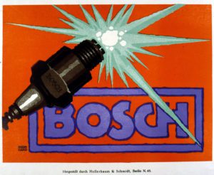 Advertisement for the Bosch spark plug, as used in motor engines. . Advertisement. 20th century