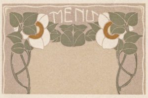 Design del menu in stile art nouveau con foglie e fiori. . Illustrazione nella collezione John MacLellan Mary Evans Picture Library - Londra Gran Bretagna