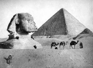 The Sphinx and Pyramid at Giza, Egypt, c1882. The Sphinx is located on the Giza Plateau with the three pyramids of Khufu (Cheops), Khafre (Chephren) and Menkaura (Men-kaur-re). The face is thought to be a likeness of the 4th Dynasty Pharaoh Khafre, who ruled Egypt during the 26th - H58E119