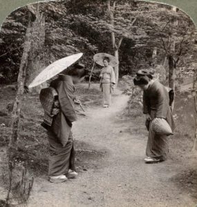 Women in the Kinkaku-ji Temple garden, Kyoto, Japan, 1904. Stereoscopic card. Detail. -H58L293