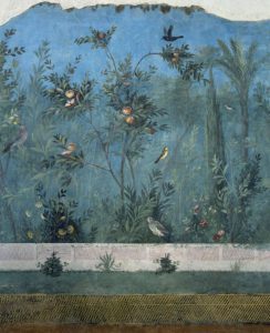 Frescoed wall with garden - d. (trees and birds), from House of Livia , Museo Nazionale Romano (Palazzo Massimo alle Terme) – Rome Italy