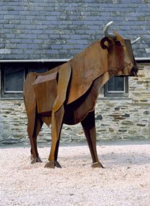 The steel sculpture of a Devon Ox, in the Ox Yard, at Buckland Abbey
