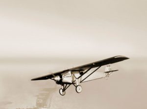 Lindbergh's Spirit of St Louis airplane on a test flight before his transatlantic voyage.