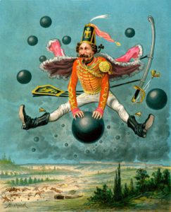 Il barone viene proiettato in cielo, cavalcando una palla di cannone. Disavventure e avventure del barone Munchausen