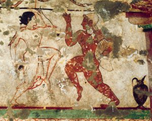 Etruscan fresco of female and male dancer. Tomb of the Lionesses, Tarquinia, Italy