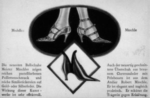 Riproduzione in bianco e nero del giornale Elegante Welt con immagine di scarpe da ballo