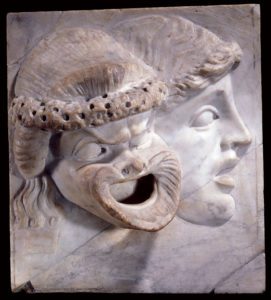 Roman art, Marble relief with two theatre masks. Roman, 2nd century AD - BM02543