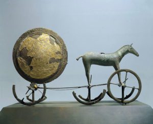 Bronze Age. The "Sun Chariot", bronze and gold leaf. From Trundholm. Nationalmuseet – Copenhagen Denmark