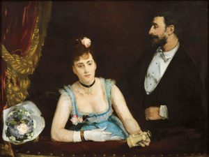 Eva Gonzales, Palco al Theatre des Italiens (Une loge aux Italiens), 1874, olio su tela. Musee d'Orsay, Parigi, Francia