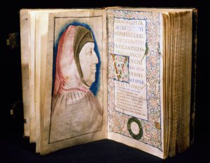 Frontespizio con ritratto di Francesco Petrarca del proemio del Canzoniere.Manoscritto del XV secolo. Museo Atger - Montpellier Francia