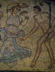 Mosaic of a dance scene between Dionysus and Tiaso. Archeological Area, Argo, Greece