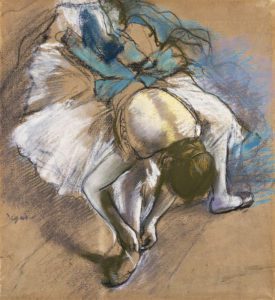 Pastel and chalk on buff paper, dancer in blue putting her shoes