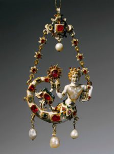 Goldsmith's art, Germany, 16th century. Enamelled gold set with pearls, diamonds and rubies pendant representing a Siren, 1580-1590, mm. 108x57 - DA54297