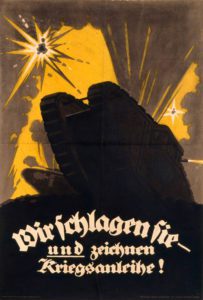 Litografia a colori di un poster di propaganda obbligazioni di stato tedesco con carrarmato contro il cielo ed esplosioni