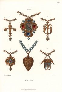Chromolithograph of women jewerly early 16th century with religious subjects from Jakob Heinrich von Hefner-Alteneck's Costumes, Artworks and Appliances from the Middle Ages to the 17th Century