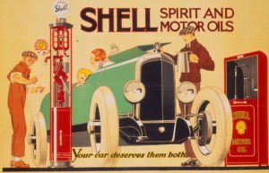 Litografia a colori poster pubblicitario per benzina e olio Shell. Stazione di servizio con tre personaggi, scritta con logo e messaggio "Your car deserves them both"