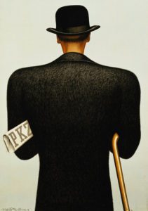 Colour lithograph of advertising poster for PKZ brand. A man from behind with a black overcoat, hat and umbrella holding a newspaper with the logo