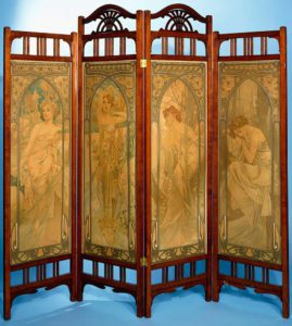 Alphonse Mucha, An Art Nouveau screen, the panels decorated with the series 'Les Heures du Jour', comprising Eveil Matin, Eclat du Jour, Reverie du Soir and Repos de la Nuit. 1899 - PC14634