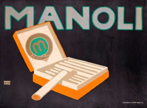 Colour lithograph of advertising poster of the Manoli cigarette with a box and logo