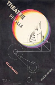 Litografia a colori del manifesto per il Teatro Pigalle, scritte e disegni geometrici su fondo nero