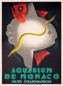 Colour litograph of poster for the Monaco Aquarium with fishes and the logo